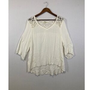Whimsical Lace Detail Rayon Tunic Top Ivory Boho Bell Sleeve M